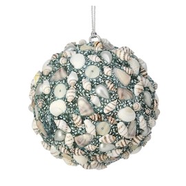 The Bridge Collection Blue Seashell Ball Ornament - Beaded Glass Ornament for Holiday Decor - Coastal Shell Ball Christmas Ornament