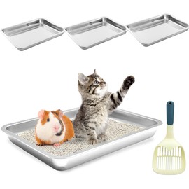 BNOSDM 4 Pcs Stainless Steel Litter Pan Low Entry Cat Litter Box Shallow Metal Litter Tray, Nonstick Open Top Cat Box for Kitten, Rabbits and Small Animals (15.7x11.8x1.9 Inch)