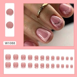Press on Nails Short Square Fake Nails Pink Acrylic Nails with Swirl Glitter Designs Glue on Nails French False Nails Reusable Artificial Nails Cute Stick on Nails for Women and Girls 24PCS