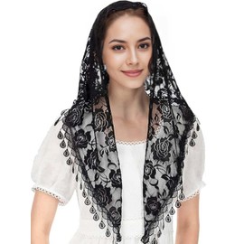 Foyte Triangle Lace Veil Chapel Veil Mantilla Veils Catholic Church Tulle Latin Mass Head Covering for Women and Brides (Black)