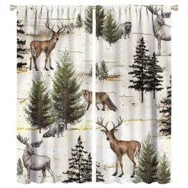 Rustic Woodland Window Curtains, Wild Animal Bear Deer Fox Wolf Country Lodge Cabin Blackout Rod Pocket Windows Door Curtain for Bedroom Living Room Home Decor 55x63in
