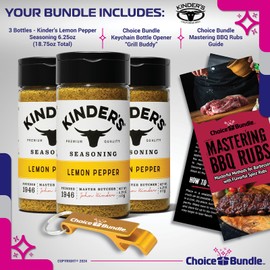 Kinder’s Lemon Pepper Seasoning Rub Premium Barbecue BBQ Spice 3 pk Choice Bundle (18.75 oz) + BBQ Guide & Keychain Bottle Opener (5 Items)!