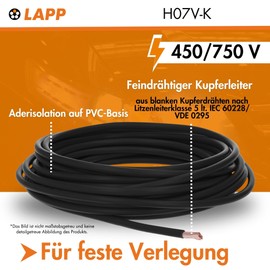 5 m Lapp 4520016 H07V-K 16.0 mm² Black I Wiring Cable I Flexible Flexible PVC Single Core I Stranded 16 mm2 I Wiring