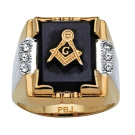 PalmBeach Men's Yellow Gold-Plated Emerald Cut Natural Black Onyx and Round Crystal Two Tone Masonic Ring Sizes 8-16 Size 10