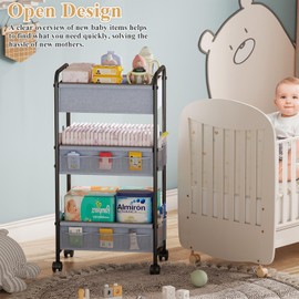 3-Tier Baby Diaper Caddy Cart Organizer with 2 Dividers & 14 Mesh Pockets - Black Mobile Nursery Storage Cart with Wheels, Durable Metal Utility Cart for Nursery, Bedroom, Baby Essentials Organization