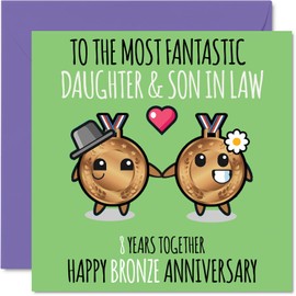 Cute Bronze Anniversary Card for Daughter & Son In Law - 8 Years Together - Happy 8th Wedding Anniversary Cards for Son In Law Daughter, 5.7 x 5.7 Inch Greeting Cards for Eighth Anniversaries