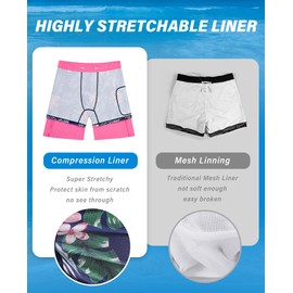 Gleeease Mens 7 Inch Swim Trunks with Compression Liner Quick Dry Swim Shorts Swimming Shorts with Pockets Stretch Bathing Suits Pink Flamingo