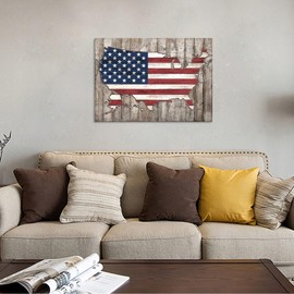 Vintage American Flag Canvas Wall Art Red White Blue Map Shape Flag of US Patriotic Pictures Artwork Wood Plank Effect Canvas Print for Living Room Bedroom Office Kitchen Wall Decor 20" x 28"