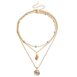Gold Shell Starfish Necklace for Women Layered Pearl Seashell Pendant Necklace Adjustable Boho Surfer Choker Necklace Hawaii Beach Vacation Summer Jewelry (SeaShell White)