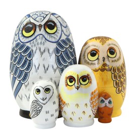 Boerni Set of 5 Egg Shape Owl Nesting Doll Cute Vivid Animal Owl Wooden Russian Matryoshka Dolls Stacking Toy Figurines for Kids Easter Father's Day Christmas Educational Birthday Home Decoration