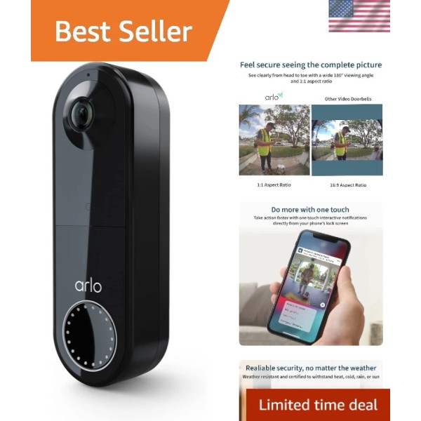 Compact Black HD Video Doorbell - 180° View, Wireless &