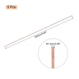 sourcing map 5 Pack Pure Copper Round Rod 1.5mm/0.06 Inch Diameter 250mm/10 Inch Length Solid Copper Rod Lathe Bar Stock for DIY Metal Craft Metal Working Hobbies