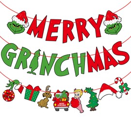 Merry Christmas Banner Whoville Christmas Decorations Red and Green Decorations Christmas Party Banner Decor for Home Office Fireplace Mantel
