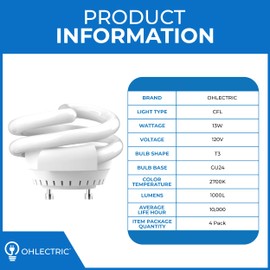 OHLECTRIC UL-Listed 13W Spiral T3 Compact Fluorescent Lamp Light Bulbs (4 Pack) with GU24 Base, 2 Prong Bulb, 1000 Lumens, 2700K Soft White Light Bulb - MLS13GUSWW, TCP 33213SSP