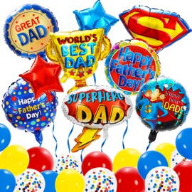 Whaline 33Pcs Happy Father's Day Balloons Set Super Hero Dad World's Best Dad Foil Balloons Colorful Latex Balloons Round Star Shape Party Decor for Father's Day Home Party Decorations Supplies