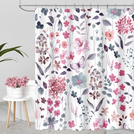 MAYZUS Long Shower Curtain 72 x 78 Inch, Tall Pink Blue Floral Shower Curtain for Bathroom, Watercolor Flower Butterfly Fabric Shower Curtain Set with Hooks