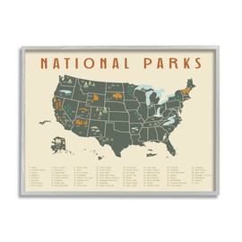 Stupell Industries United States National Parks Adventure Map Green Orange, Designed by Daphne Polselli Gray Framed Wall Art, 14 x 11, Beige