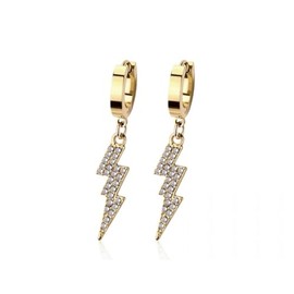 316L Stainless Steel CZ Crystal Lightning Bolt Dangling Huggie Hoop Earrings, Sold as a Pair (Gold Tone/Clear)