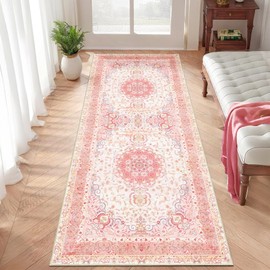 YesRug Hallway Runner Rug 2x6, Pink Rug Boho Washable Rugs for Hallways Entryway Kitchen Bedroom, Vintage Floral Distressed Floor Carpets