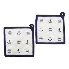 BUSDUGA 4354 Set of 2 Pot Holders in Maritime Style, 20 x 20 cm, Blue/White Stripes, Choice of Two Designs (White)