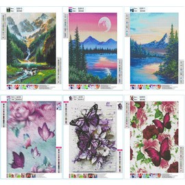 DOTZSO Painting Pack of 6 Adult 5D Diamond Painting Kit,DIY Full Diamond Art kit with Crystal Art and Craft for Adult Beginners 12 x 16 Inches (Landscape Butterfly Flowers)