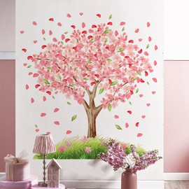 Runtoo Cherry Blossom Tree Wall Decal Pink Floral Branch Flower Wall Art Stickers for Nursery Living Room Girls Bedroom Home Decor