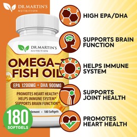 Omega 3 Fish Oil 3750mg Triple Strength | EPA 1200mg + DHA 900mg Fatty Acids | Fish Oil Omega 3 Supplement | Promotes Healthy Heart, Immune System, Eyes, Skin & Brain Function | 180 Burpless Softgels