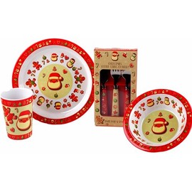 Christmas 4 Piece Melamine Kid's Dinner Set - Plate Bowl Cup Metal Cutlery