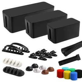 Cable Management Box, 3 Pack Cord Organizer Boxes with 33 PCS Cable Management Set to Cover Hide Power Strip, Surge Protector Under Desk & on Floor, Wire Concealer for Home Office Computer TV (Black)