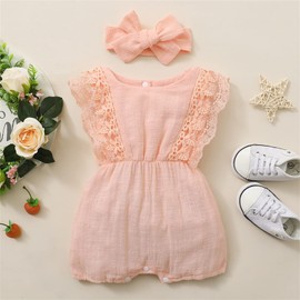 Toddler Girls Clothes Set, Sleeveless Short Romper with Lace Shoulder + Bow-Knot Headband for Summer (Champagne6, 0-6 Months)
