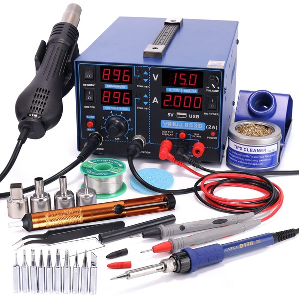 YIHUA 853D 2A USB SMD Hot Air Rework Soldering Iron Station, DC Power Supply 0-15V 0-2A with 5V USB Charging Port and 35 Volt DC Voltage Test Meter