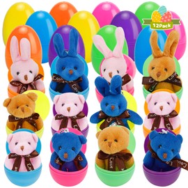 AUUGUU AUUGUU 12 Pack Prefilled Easter Eggs with Stuffers Plush Rabbit Bear Toys for Easter Egg Hunt, Easter Basket Stuffers Fillers, Easter Party Favors, Easter Classroom Prize Supplies