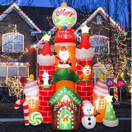 Christmas 10ft Inflatable Candy Castle with Santa Reindeer Penguin Snowman Xmas Tree Star Bright LED Light Removable Air Blower - Holiday Outdoor Yard Lawn Garden Party Decorations