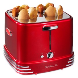 Nostalgia 4 Slot Hot Dog and Bun Toaster with Mini Tongs, Hot Dog Toaster Works with Chicken, Turkey, Veggie Links, Sausages and Brats, Metallic Red