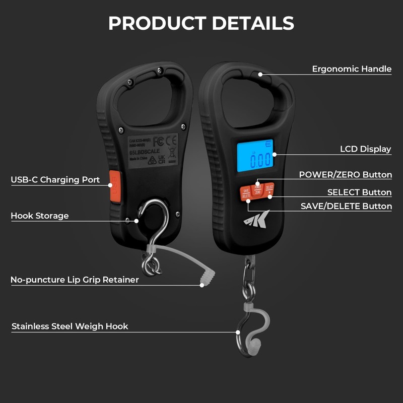 KastKing ToughTide Fishing Scale, USB Charging, 65lb Capacity, Ultra-Thin Digital
