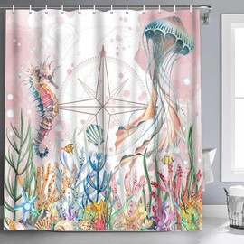 NTETSN Coastal Nautical Shower Curtain Ocean Themed Undersea Jellyfish Curtain, Starfish Seashell Shower Curtains for Bathroom Decor, 72" x 72" Pink YLOKNT0363