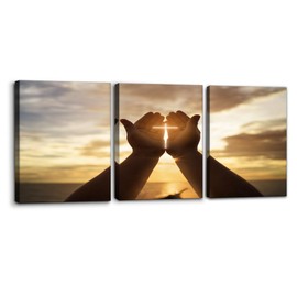 Pacimo Canvas Wall Art, Set of 3 Framed Art Prints, Jesus Hands Prayer Painting, Christian Crosses Print on Canvas Set, Sunset Modern Wall Decor for Bedroom Living Room Office Decor - 12"x16"x3