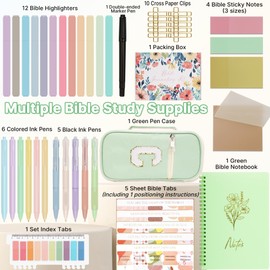 Bible Study Supplies, Bible Journaling Kit, Include Bible Highlighters and Pens No Bleed, Tabs Notebook Sticky Notes Green Pen Case, Annotation Kit for Women Student Beginner (Letter C)