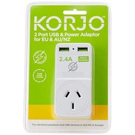 Korjo EU USB Power Adaptor, 2X USB Sockets, 1x AUS/NZ Socket, for Europe