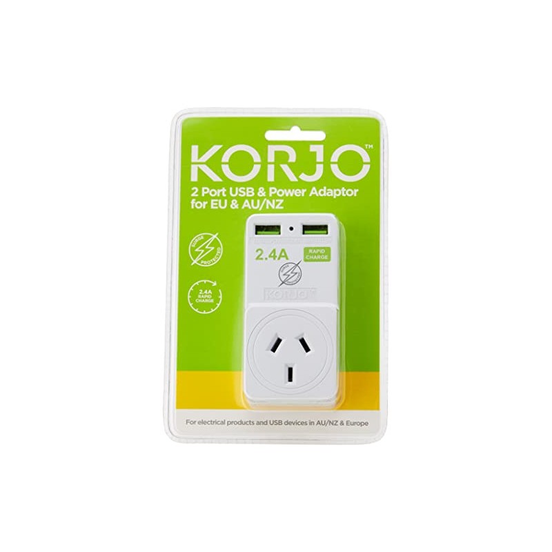 Korjo EU USB Power Adaptor, 2X USB Sockets, 1x AUS/NZ