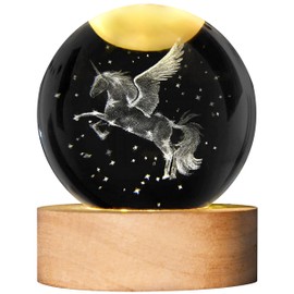AOFEGRLT Unicorn Figurine Crystal Ball Lamp with LED Stand, 3D Laser Engraved Glass Sphere Decorative Balls Paperweight(60mm)