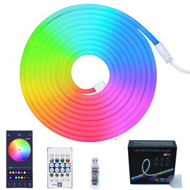 5 m Neon LED Strip, 5 V RGB Neon LED Strip with Remote Control, App Control, IP67 Waterproof Flexible Light Strip, RGB LED Strip Rope Lamp for Bedroom, Living Room, Holiday Decoration