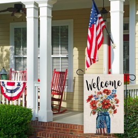 FUYUCHEN 4th of July Garden Flag 12x18 Inch Double Sided Outside Burlap Red Blue Mason Jar Floral USA Flag Patriotic Memorial Day Independence Day Welcome Holiday Yard Outdoor Decoration