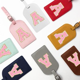 Fodofodo Initial Luggage Tag,Letter Luggage Tag,PU Leather Luggage Tags for Travel Bag Suitcases,Privacy Cover ID Label and Address Card（C,White Leather+Pink Letter）