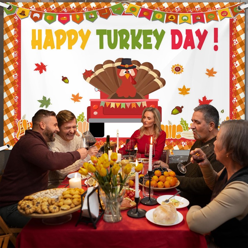 AIBIIN 7x5ft Thanksgiving Happy Turkey Day Banner Backdrop Pumpkin Turkey