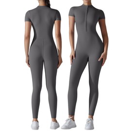SEAUR Yoga Jumpsuit Women's Long Sports Jumpsuit Short Sleeve Bodycon Bodysuit 1/2 Zip Tight One-Piece Romper for Gym Fitness Jogging - S-XL, gray, M