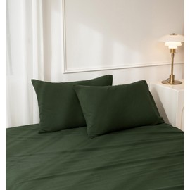 JIYUAN 100% Washed Cotton Pillowcases Set Envelope Closure Pack of 2, Linen Like Comfy and Breathable Textured Durable Bedding for All Seasons, Standsize Size, Forest Green