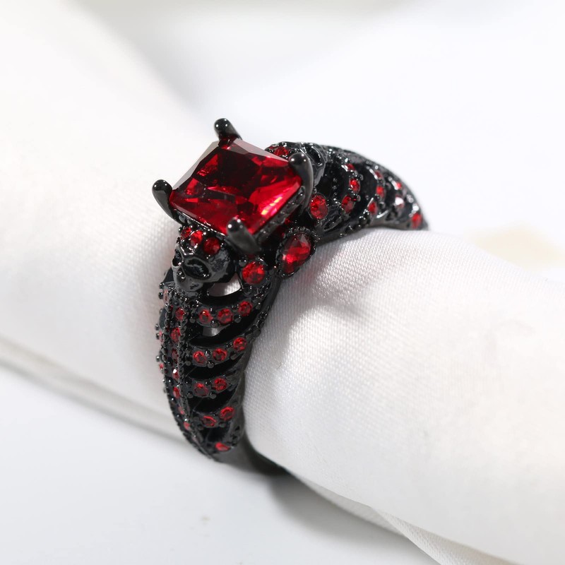 Ringcrown Couple Rings Matching Ring Black Skull Ring Red CZ