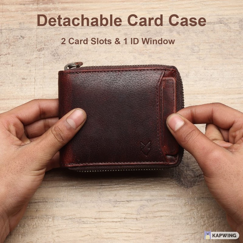 FOXHACKLE Men’s Zipper Leather Wallet with Detachable Card Case |