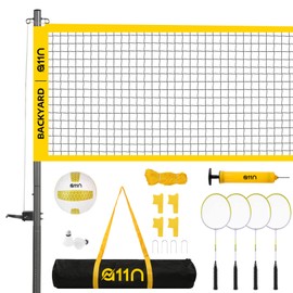 A11N Outdoor Volleyball and Badminton Combo Set - Includes Adjustable Height Anti-Sag Net, Volleyball, Air Pump, 4 Badminton Rackets, 2 Shuttlecocks, Boundary Line Marker, and Carrying Bag
